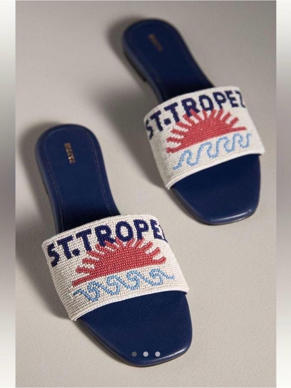 Anthropologie Navy Slide Sandals with White Beaded Strap and Red Sun